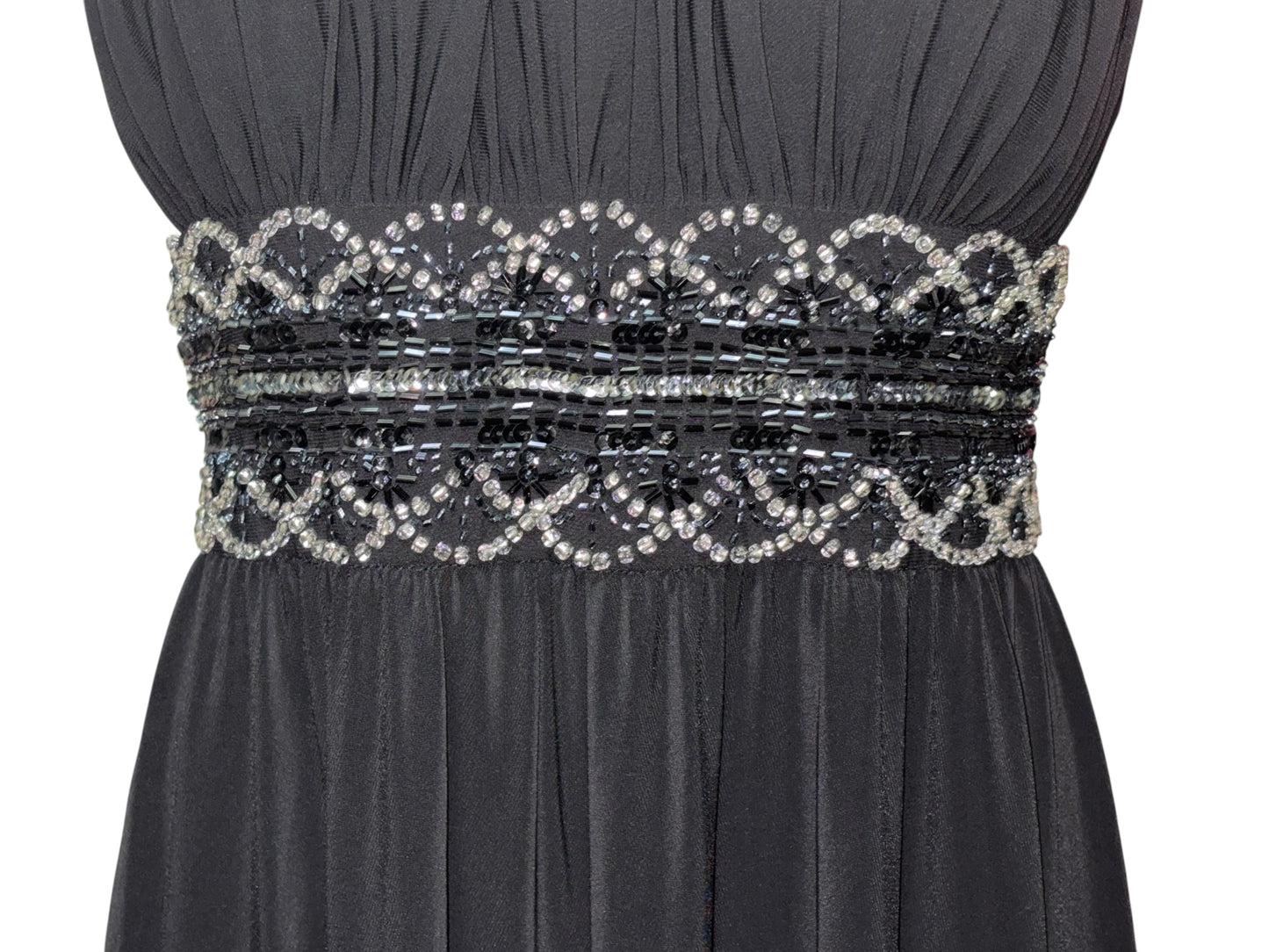 R&M Richards Glam Gown – Size 16 Black Beaded Waist Maxi Dress w/ Keyhole Neck