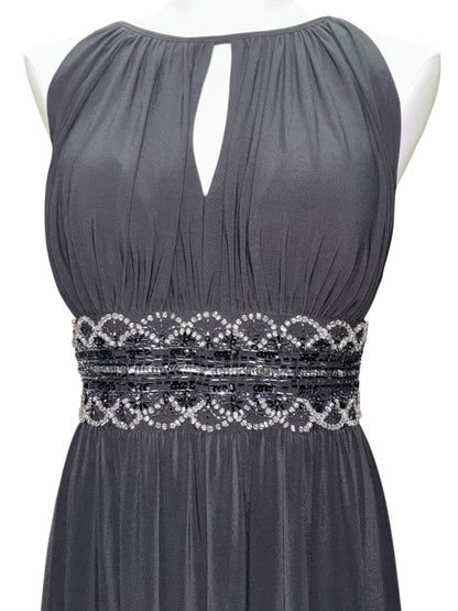 R&M Richards Glam Gown – Size 16 Black Beaded Waist Maxi Dress w/ Keyhole Neck