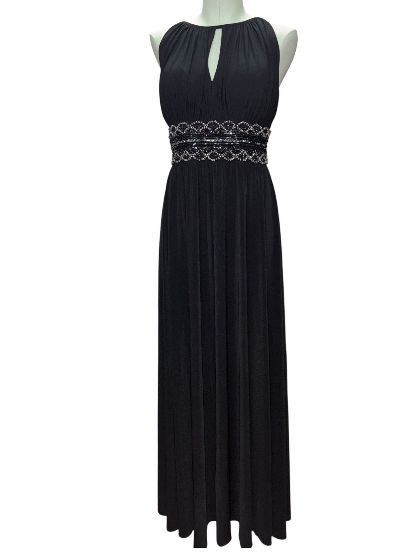 R&M Richards Glam Gown – Size 16 Black Beaded Waist Maxi Dress w/ Keyhole Neck
