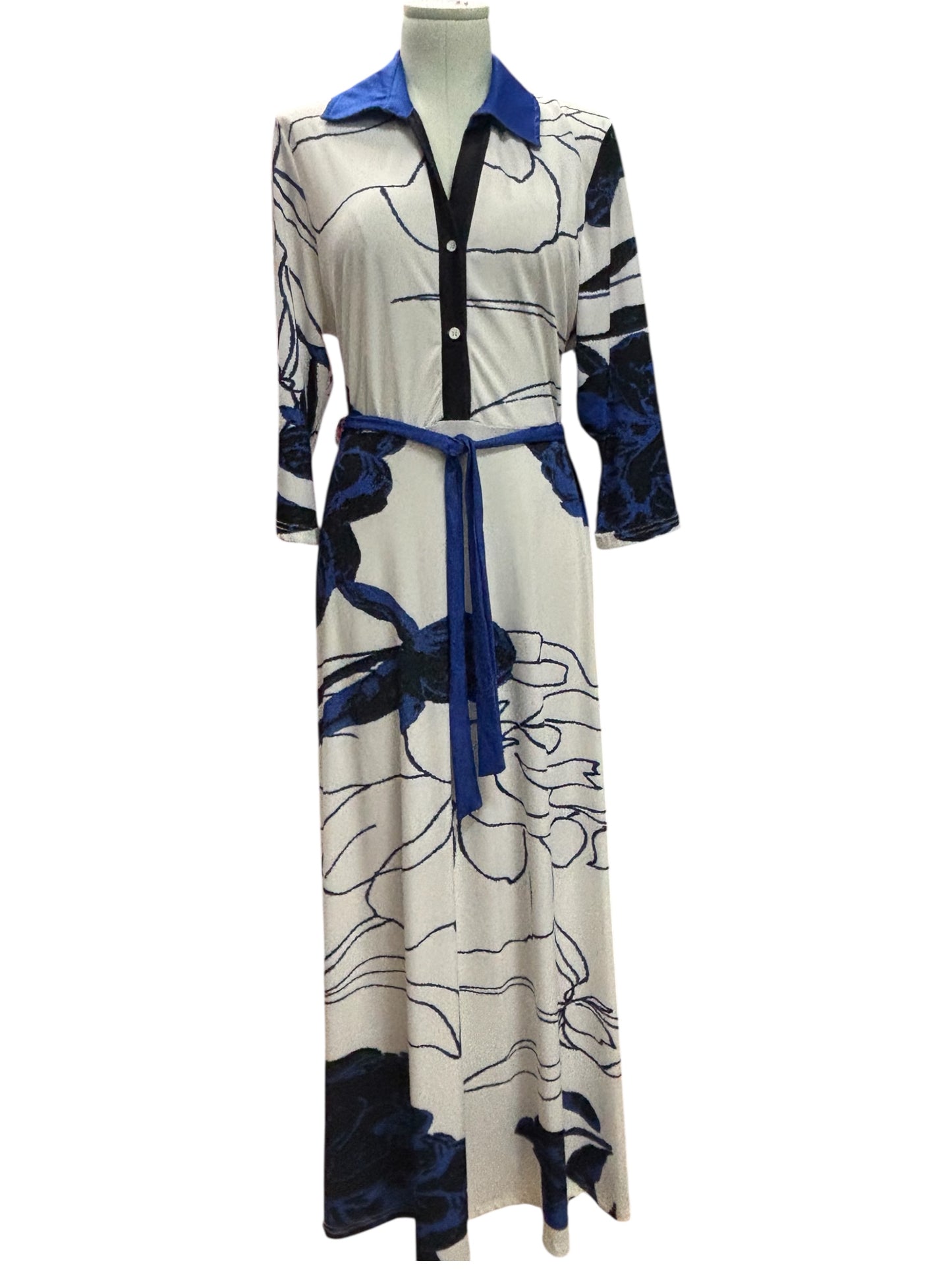 Lily by Firmiana XL Belted Shirt Dress – Blue & Black Abstract Floral Maxi