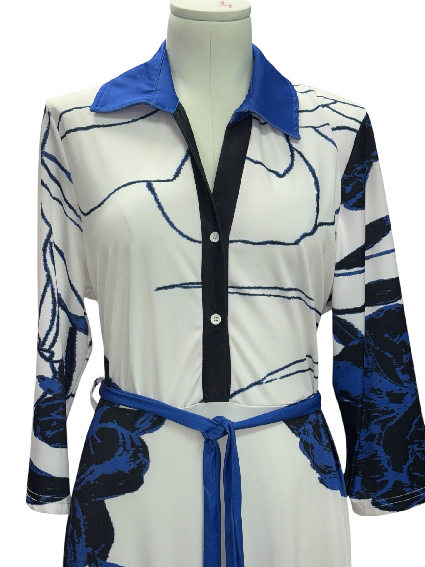 Lily by Firmiana XL Belted Shirt Dress – Blue & Black Abstract Floral Maxi