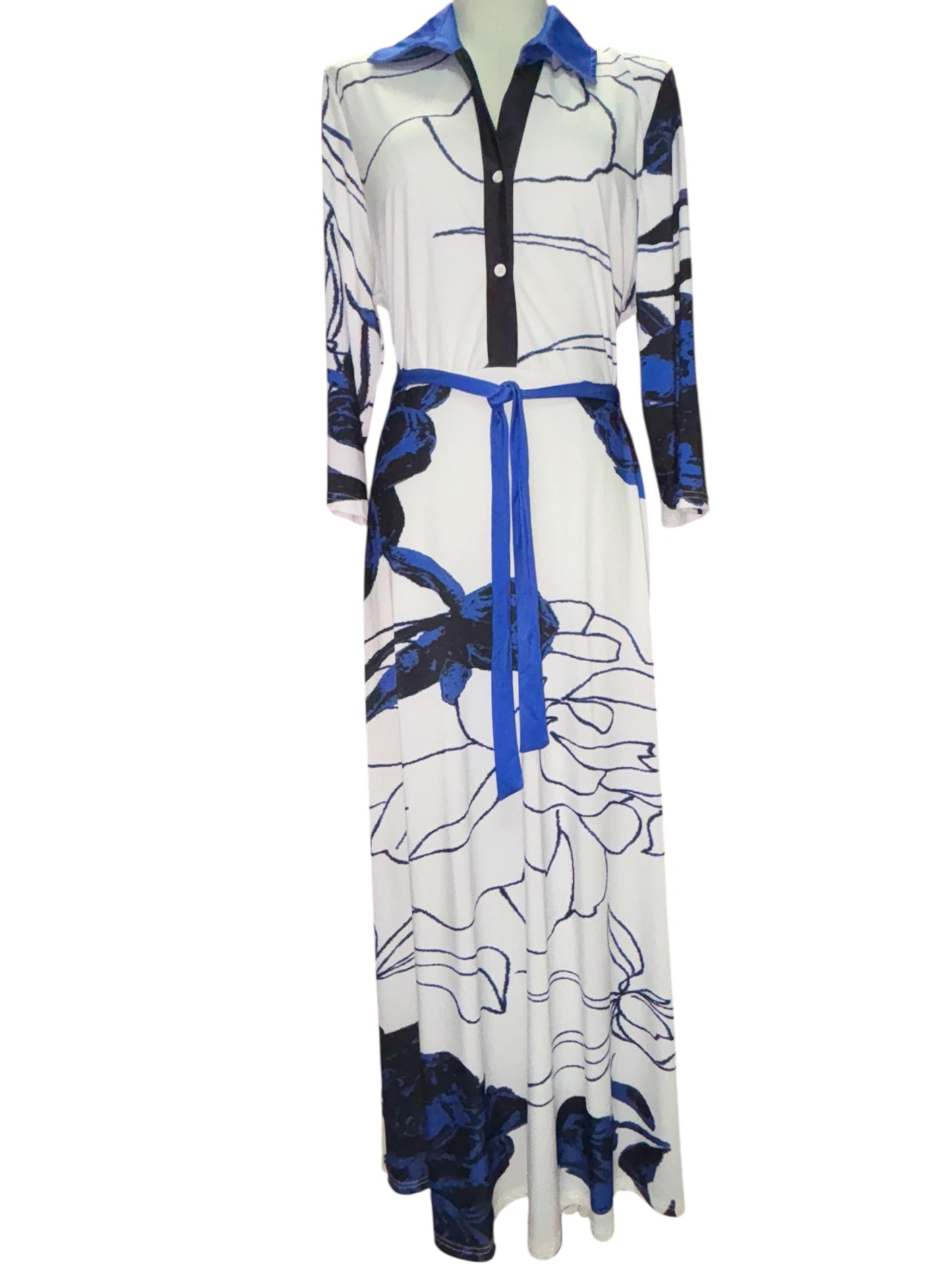Lily by Firmiana XL Belted Shirt Dress – Blue & Black Abstract Floral Maxi