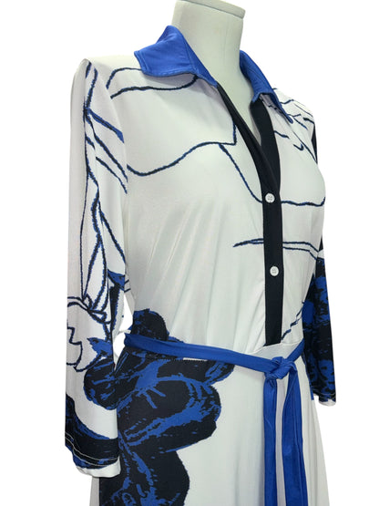 Lily by Firmiana XL Belted Shirt Dress – Blue & Black Abstract Floral Maxi