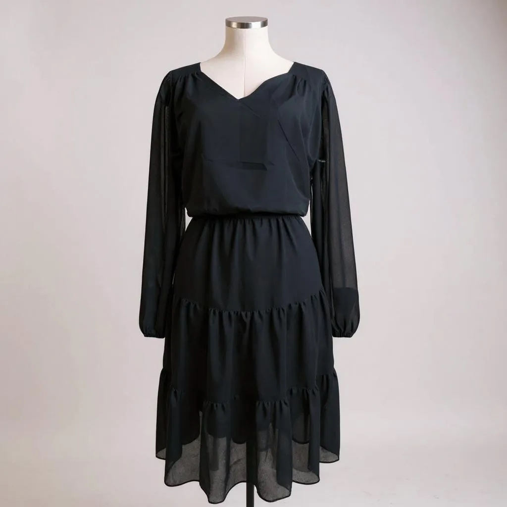Karina Michele Black Tiered Midi Dress – Sheer Sleeves, Size 20W