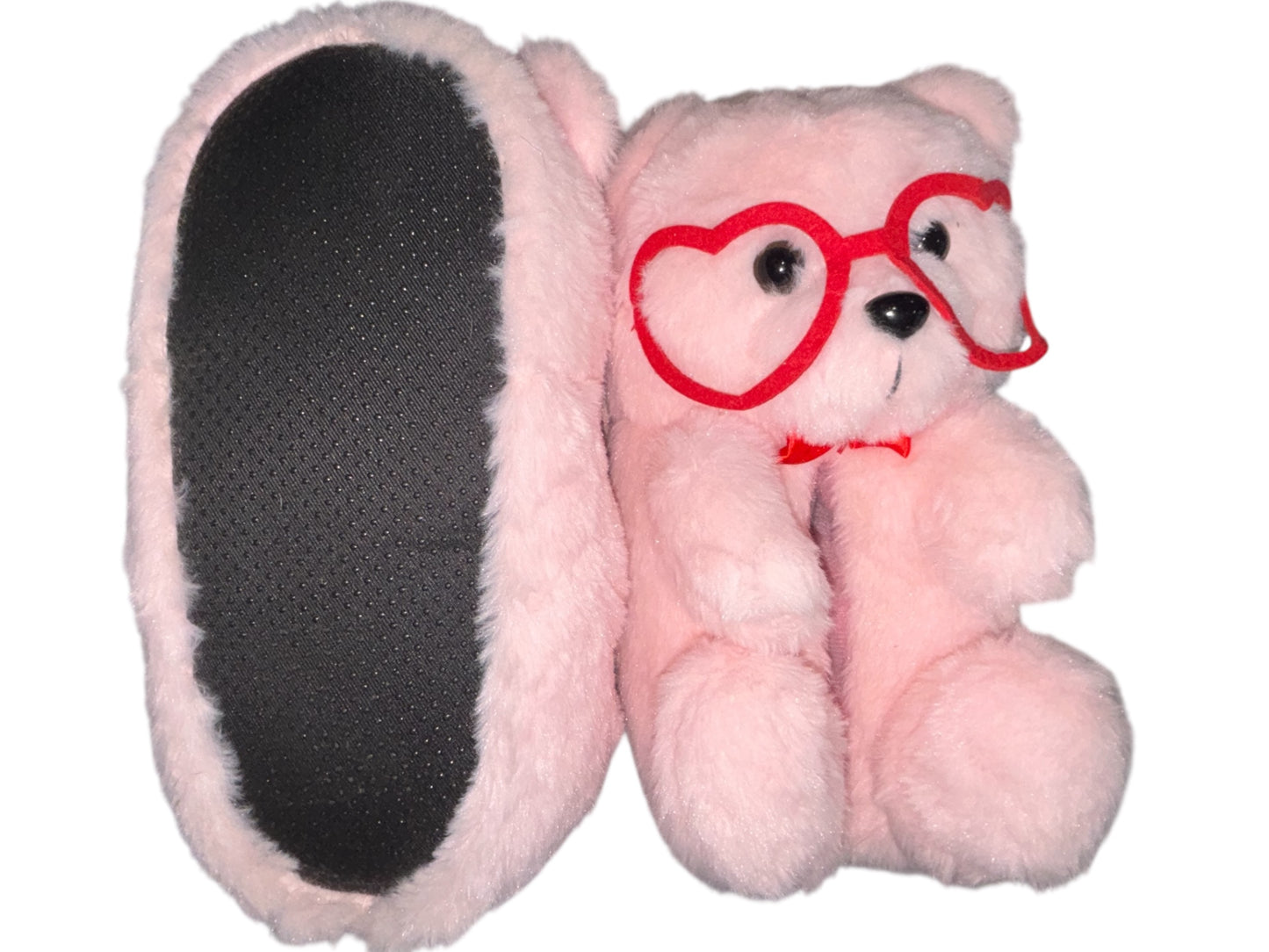 Cozy Teddy Bear Slippers with Heart Glasses – Pink & Adorable!