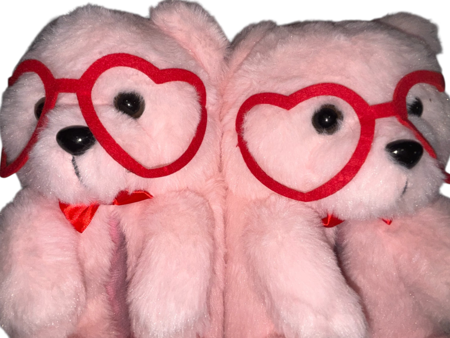 Cozy Teddy Bear Slippers with Heart Glasses – Pink & Adorable!