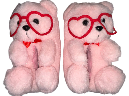 Cozy Teddy Bear Slippers with Heart Glasses – Pink & Adorable!