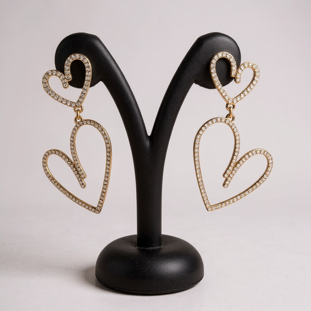 Double Heart Crystal Drop Earrings – 2.5”