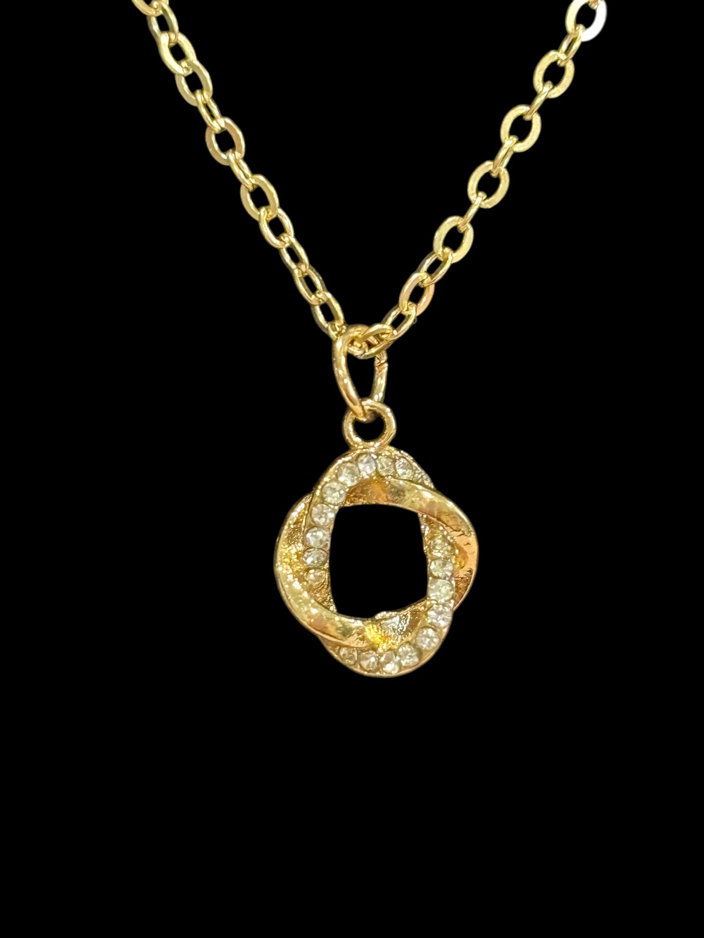 Gold Twisted Circle Pendant Necklace – Rhinestone Accent