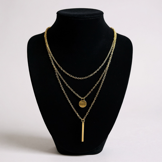 Gold Layered Necklace – Triple Chain with Circle & Bar Pendant