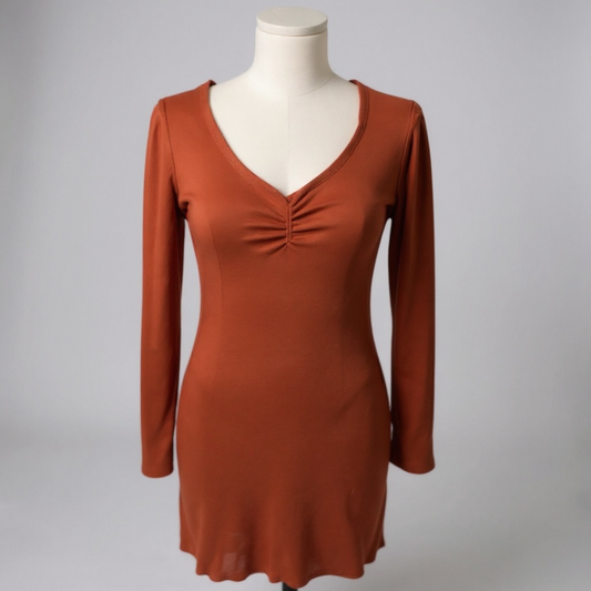 Derek Heart Rust Long Sleeve Ruched V-Neck Tunic – Size Small