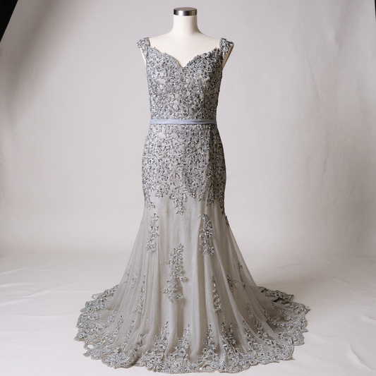 Elegant Silver Beaded Lace Evening Gown