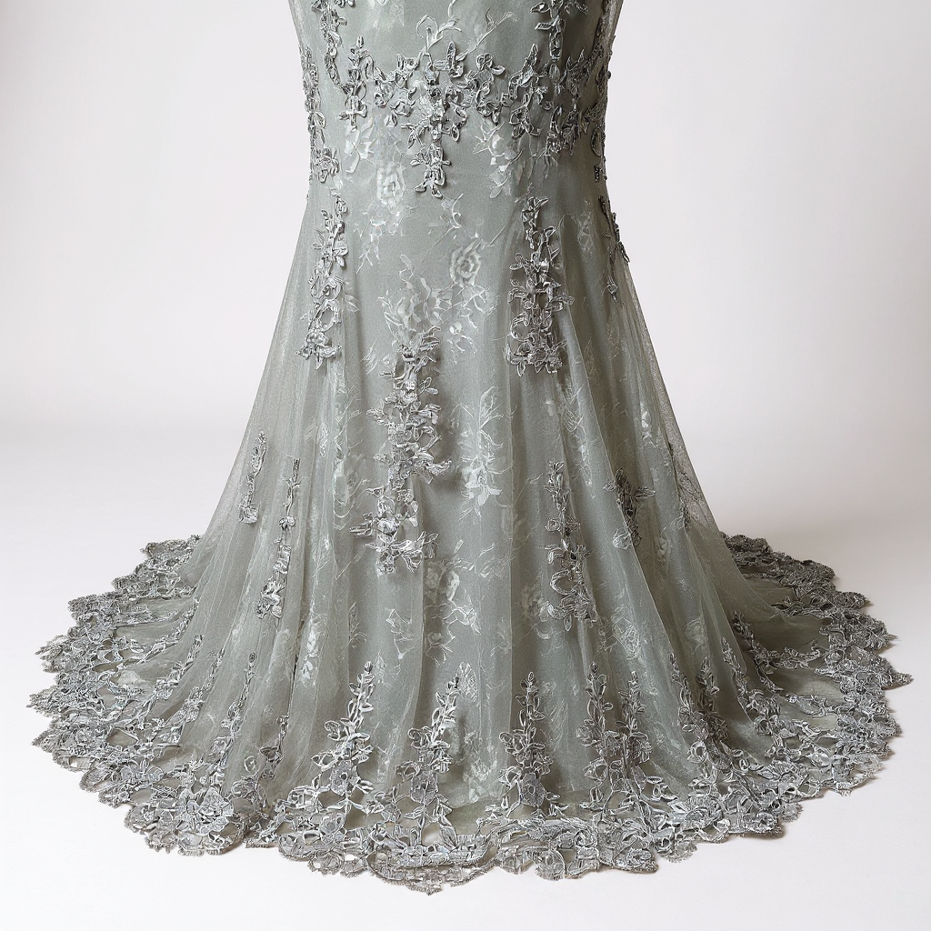 Elegant Silver Beaded Lace Evening Gown
