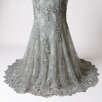 Elegant Silver Beaded Lace Evening Gown