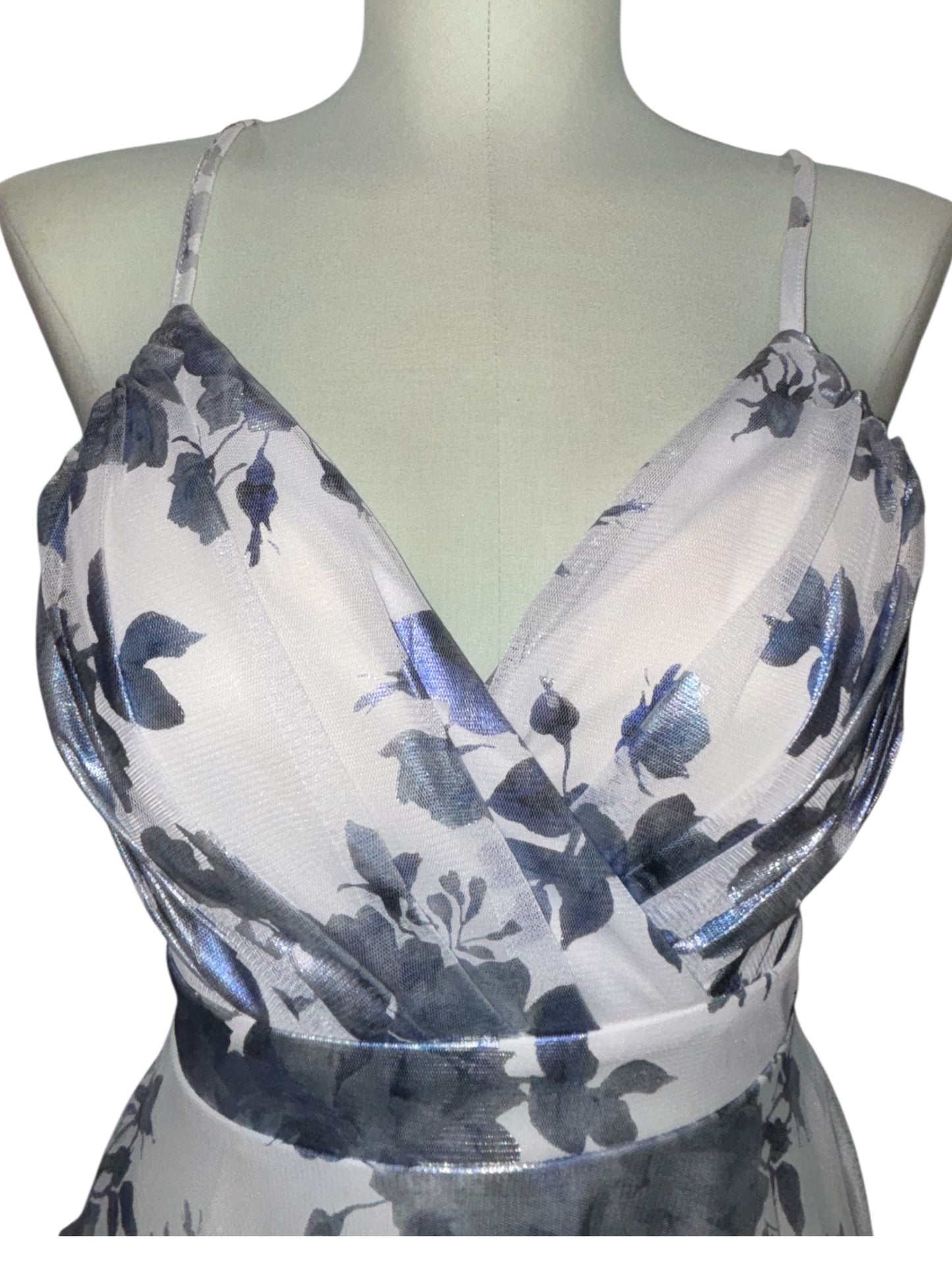 City Vibe Blue & Silver Floral Maxi Dress – Size 3