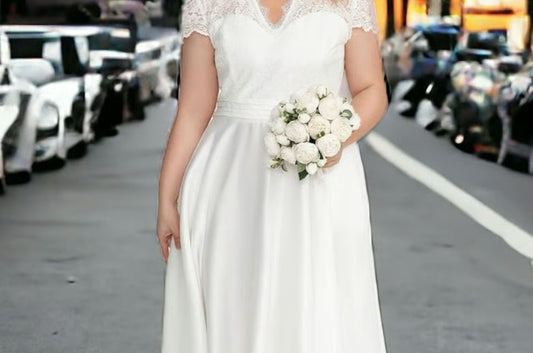 Ivory Lace Cap Sleeve Tea Length Dress, Size 3X